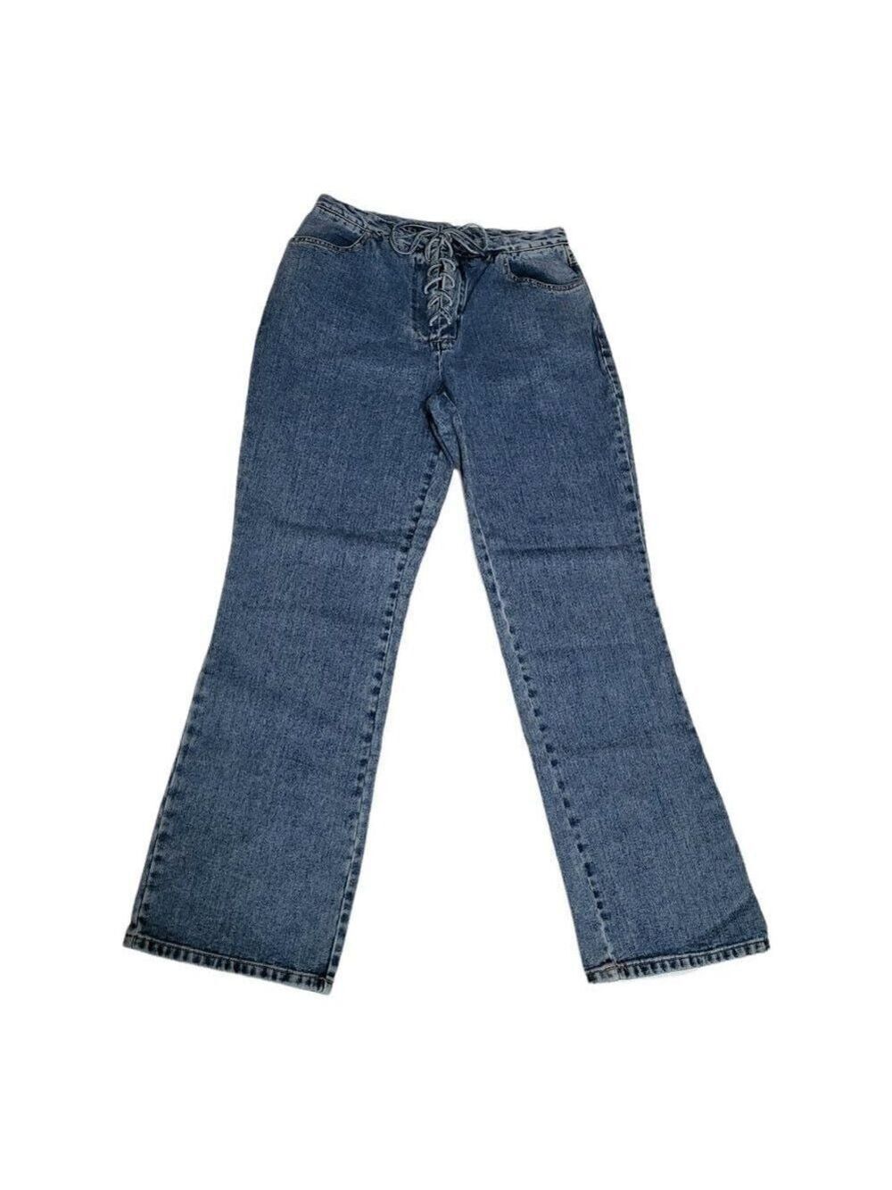 NEWPORT News Jeanology High Rise Mom Jeans Blue Denim Tie Closure Size 14 - Picture 1 of 9